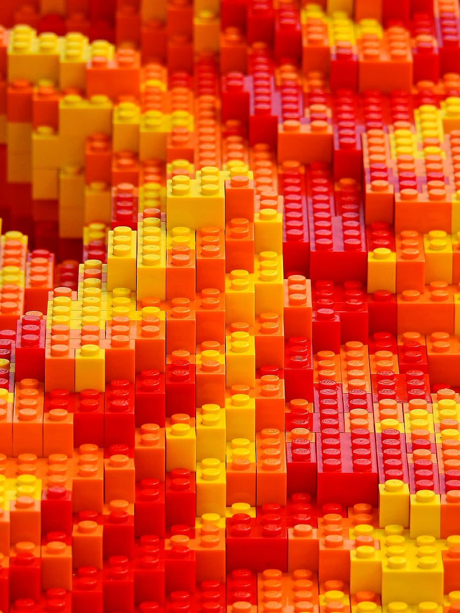 red and yellow plastic building blocks, lego, legoland, play, HD wallpaper