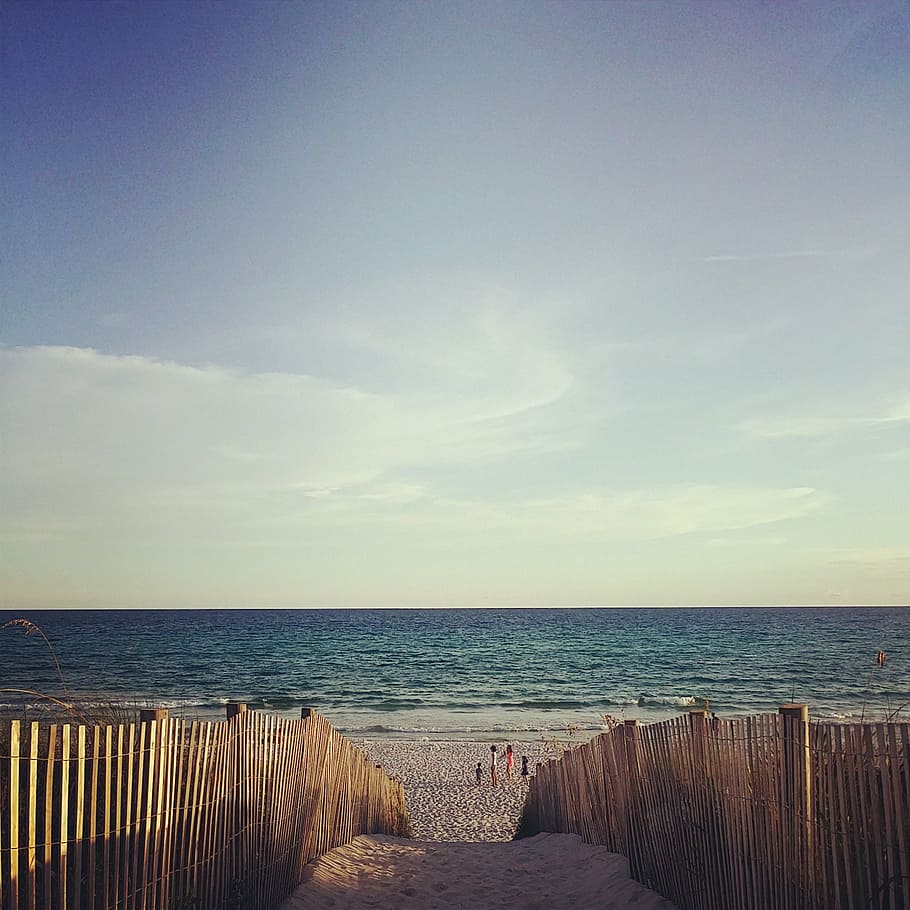 beach, sand, sea, horizon, fence, santa rosa, water, sky, horizon over water HD wallpaper
