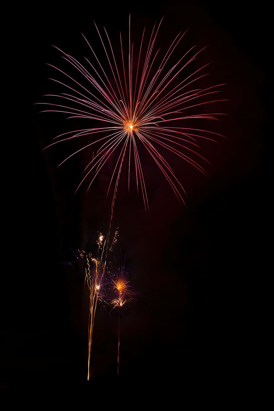 red fireworks, black, burst, celebrate, celebration, dark, event, HD wallpaper