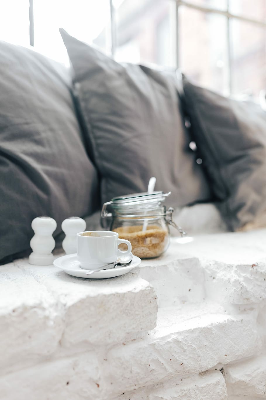 Morning coffee with a jar of brown sugar, spices, breakfast, pillows HD wallpaper