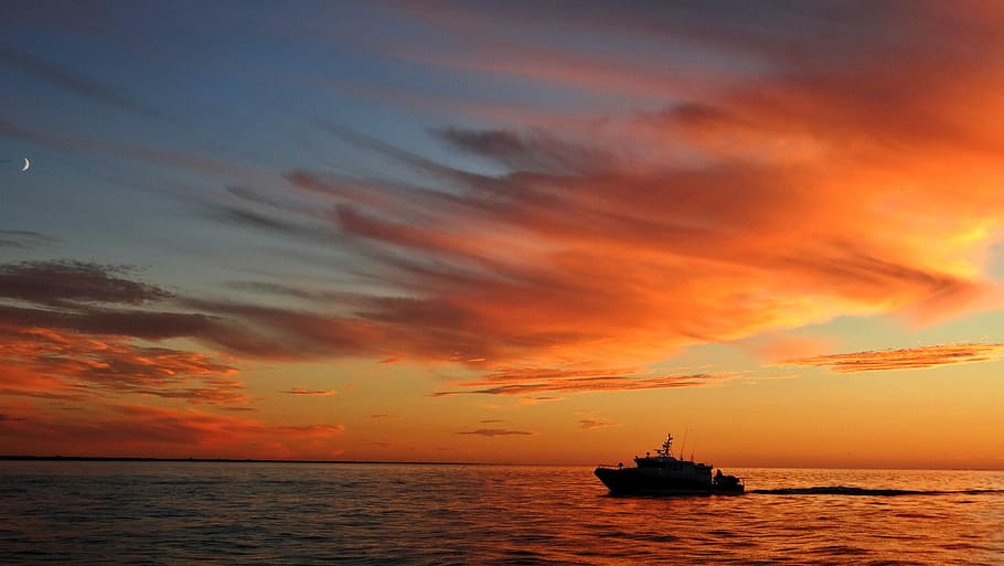 brown boat under orange sunset, clouds, riga, latvia, ship HD wallpaper
