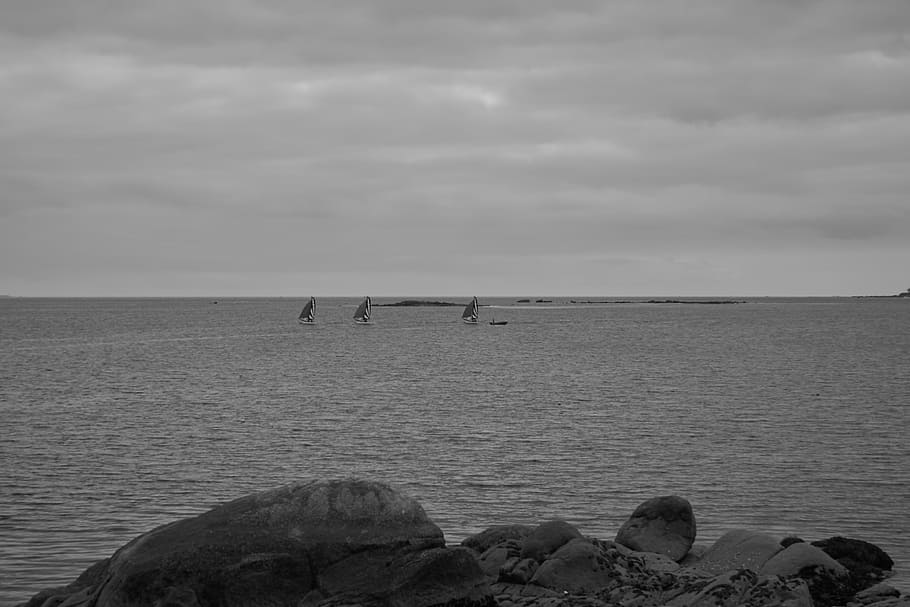 Sea, Water, Water, Sky, Pebbles, Boats, Hobbies, horizon, black and white HD wallpaper