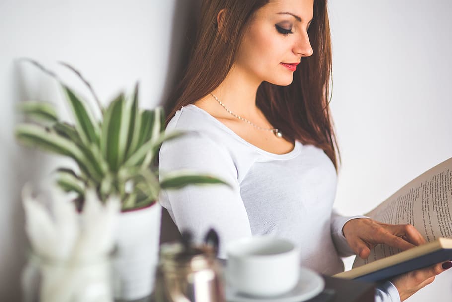 woman in white shirt reading book, relaxation, relaxing, home HD wallpaper