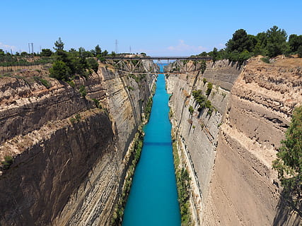 greece, channel, corinth, water, bridge, plant, sky, nature HD wallpaper