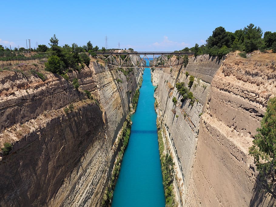 greece, channel, corinth, water, bridge, plant, sky, nature HD wallpaper