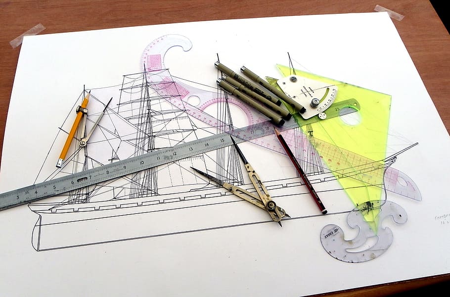 galleon illustration with several graphing tools on top, Drawing, Board HD wallpaper