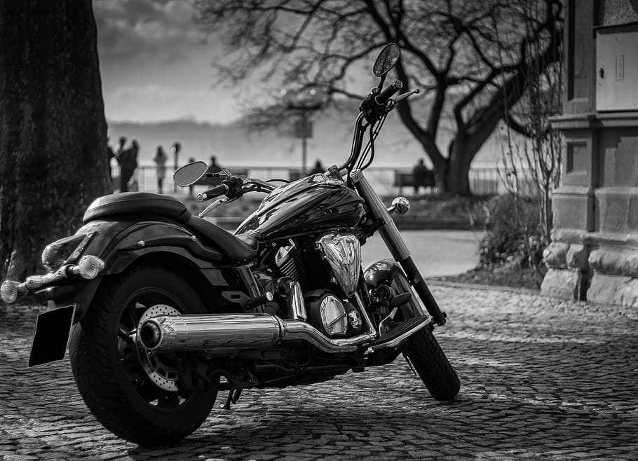 greyscale photo of cruiser motorcycle, yamaha, vehicle, technology, HD wallpaper