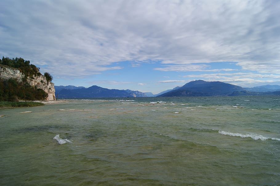 sky, clouds, lake, mountains, sirmione, the waves, windy, nature HD wallpaper