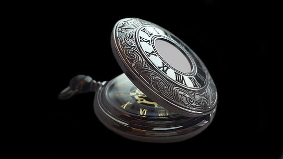 silver-colored pocket watch, clock, time, old, nostalgia, antique HD wallpaper