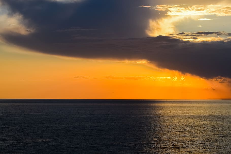 sunset, sea, sky, clouds, horizon, nature, autumn, scenery HD wallpaper