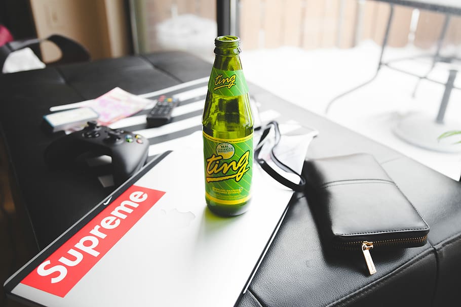 TING, green Ting glass bottle, drink, macbook, work, soda, business HD wallpaper