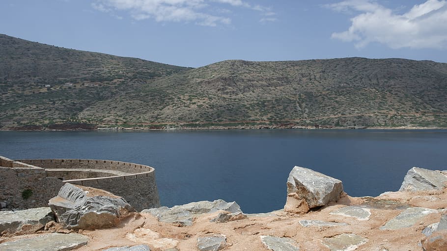 crete, spinalonga, trip, water, mountain, scenics - nature HD wallpaper