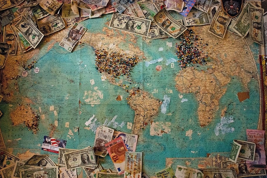 U.S. dollar banknote with map, world map surrounded by dollar bills, HD wallpaper