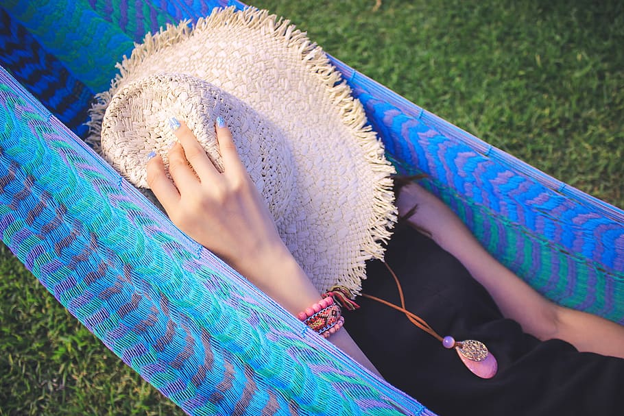 woman wearing black dress lying on blue hammock, women, summer HD wallpaper