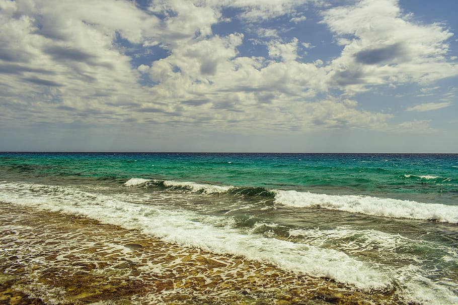 sea, seascape, waves, sunbeam, nature, blue, sky, clouds, horizon HD wallpaper