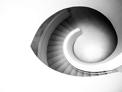 spiral staircase, grayscale photography of spiral concrete stairs HD wallpaper