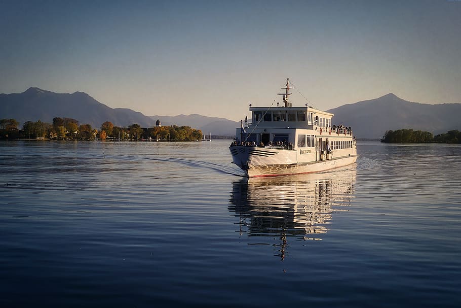 waters, reflection, lake, travel, boot, chiemsee, mountains HD wallpaper