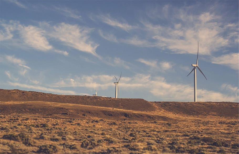 wind mills on valley during daytime, blue, sky, white, windmills, HD wallpaper