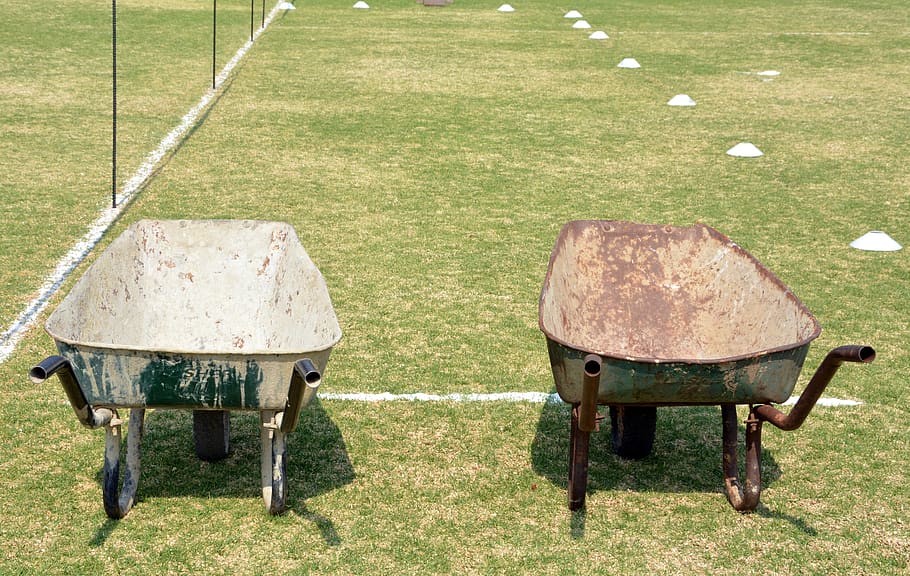 wheelbarrow, yard, equipment, grass, plant, nature, day, field HD wallpaper