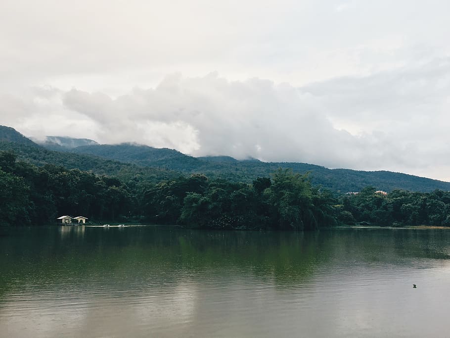 dawn, landscape, nature, sky, calm waters, clouds, daylight, fog HD wallpaper