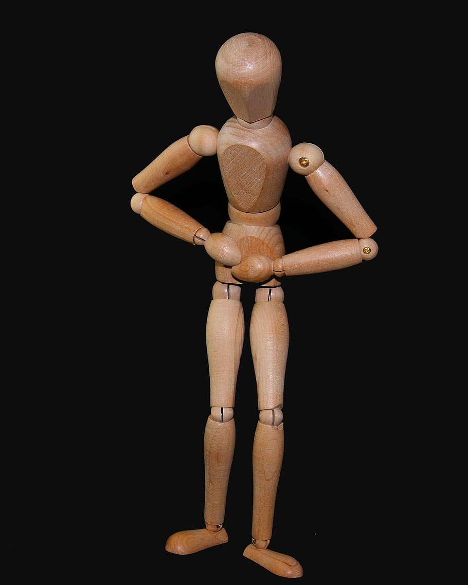 brown wooden puppet standing on black surface, figure, man HD wallpaper