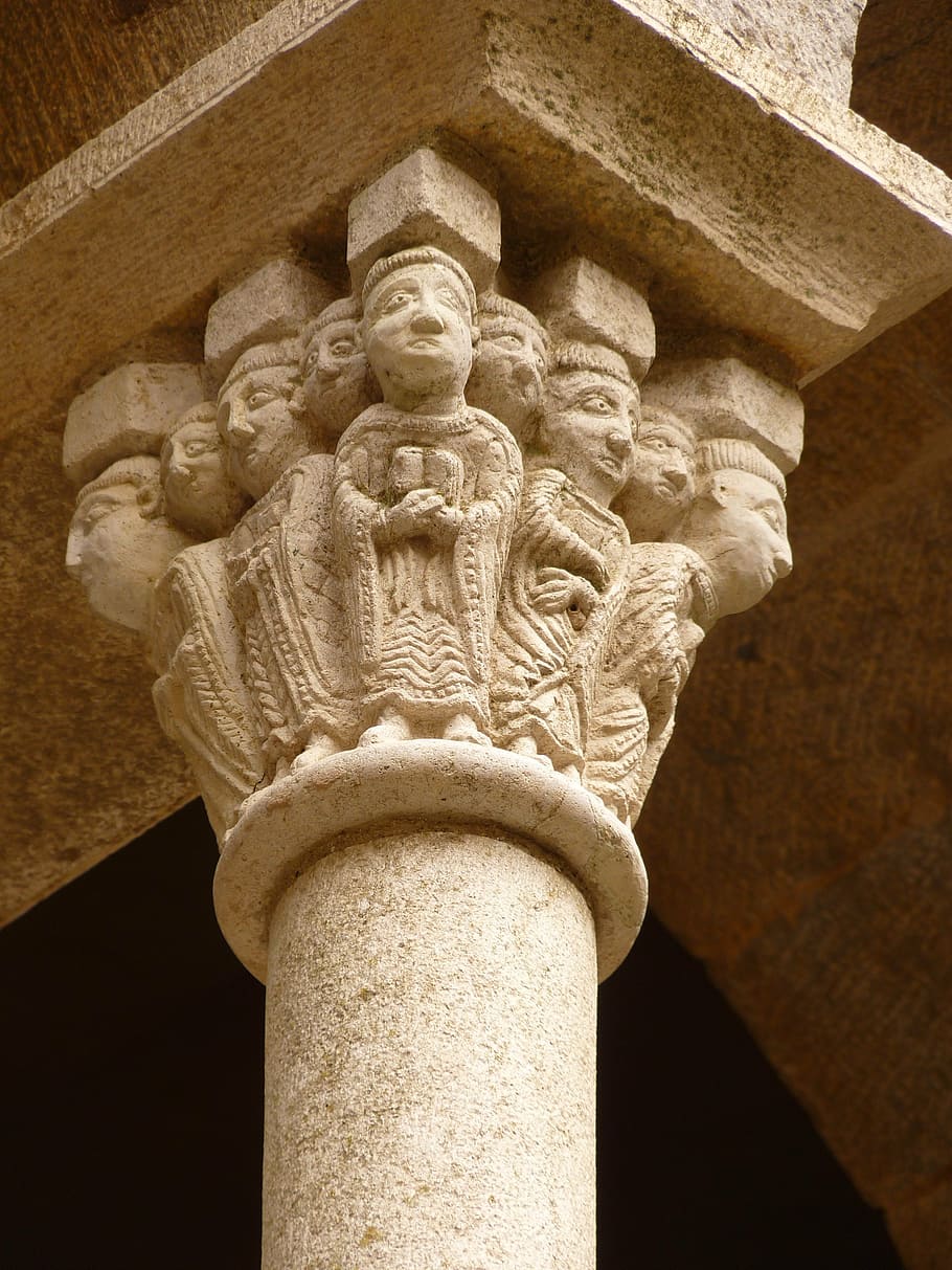 pillar, head, heads, monastery, ruin, old, castle, sant pere de rodes, HD wallpaper