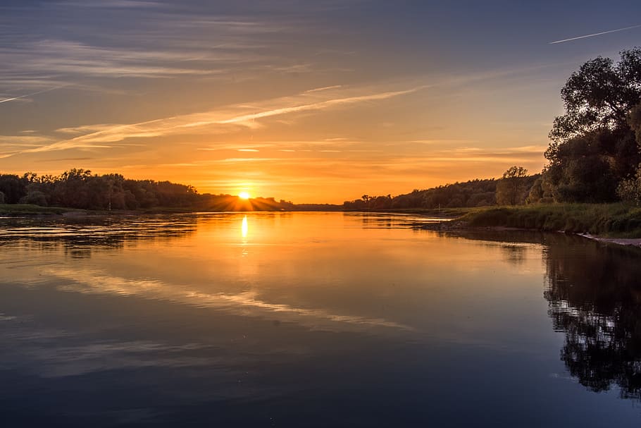 calm body of water under clear blue sky, sunset, river, elbe HD wallpaper