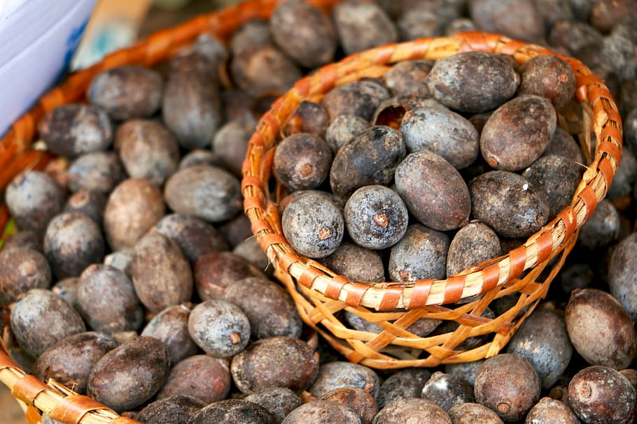 food, uxi fruit, basket, produce, endopleura uchi, tropical fruit HD wallpaper