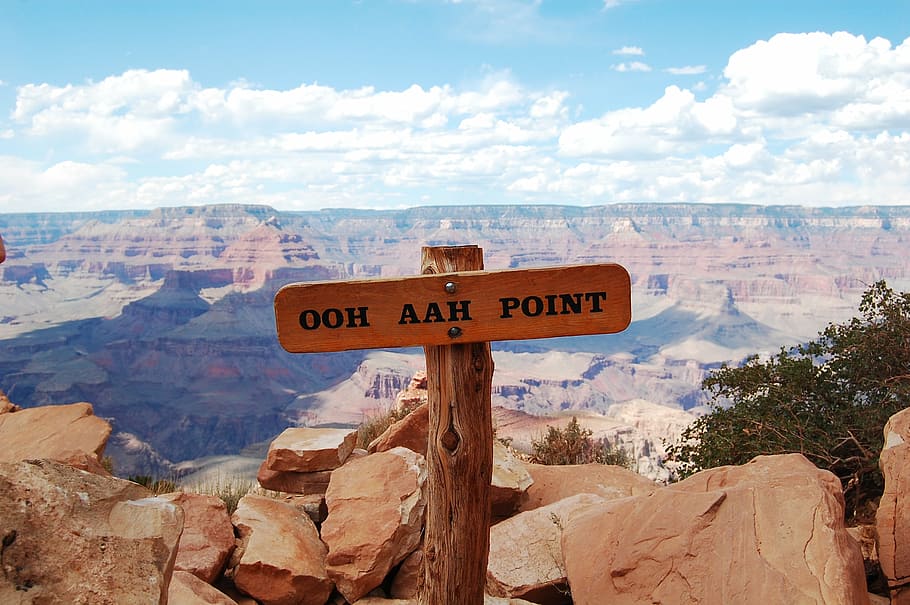 brown wooden ooh aah point post signage near rocks, grand canyon