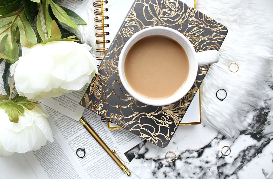 coffee near white peonies, desk, tea, flowers, rings, notebook HD wallpaper