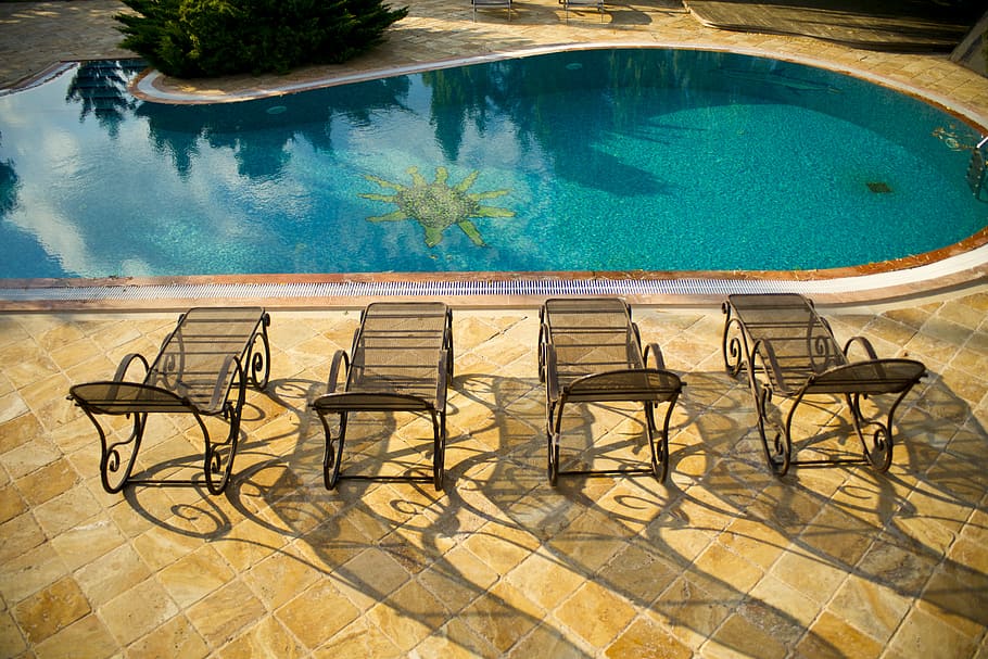 four sunloungers near swimming pool, sunbeds, water, relax HD wallpaper