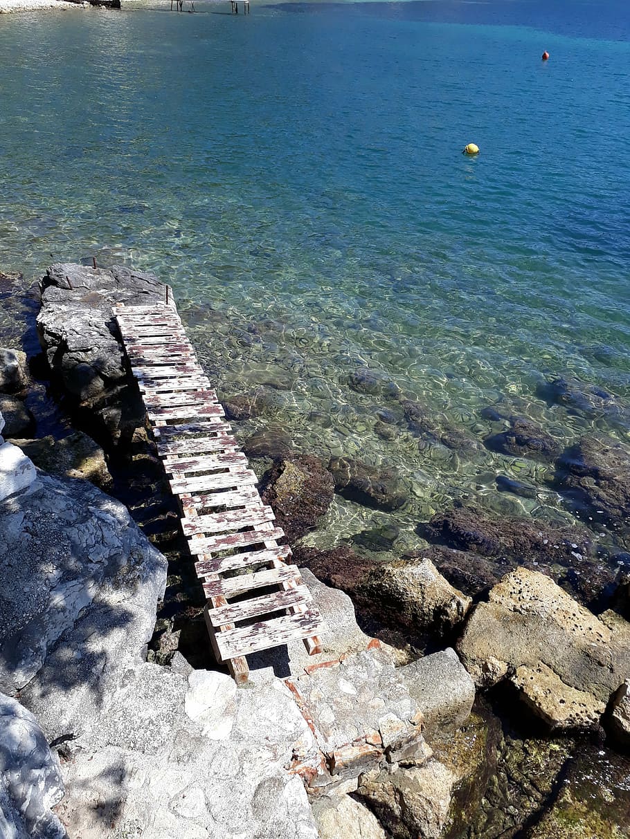 corfu, durrell, pier, water, rock, sea, solid, rock - object HD wallpaper