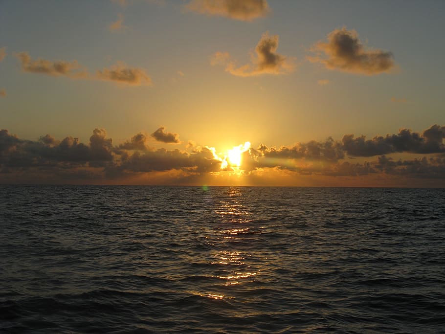 ocean, sunrise, sunset, sky, yellow, blue, clouds, cloudy, water HD wallpaper