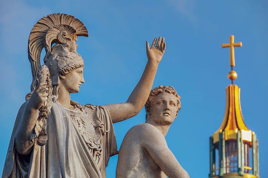 statue near cathedral, monument, sculpture, greek gods figures