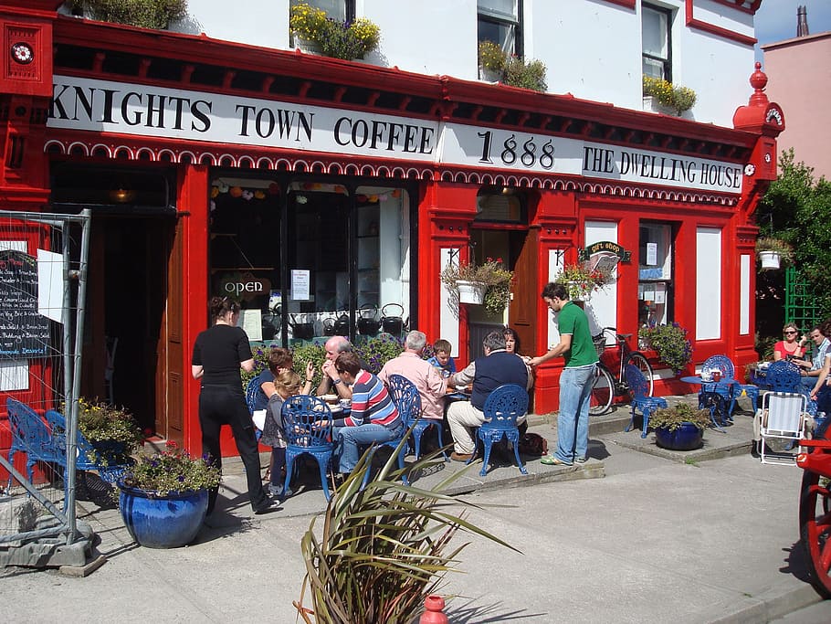 white and red Knights Town coffee, valentia island, ireland, store, HD wallpaper