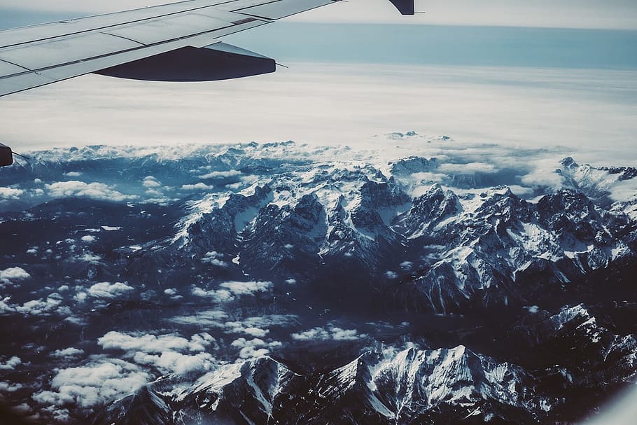 airplane, wing, aerial, view, mountains, summit, peak, travel HD wallpaper