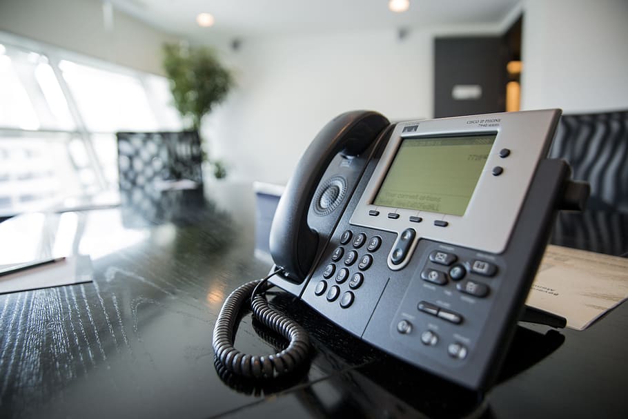 black and grey IP phone on black desk, io centers, furnished office, HD wallpaper