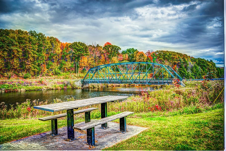 foliage, bridge, fall, autumn, landscape, nature, park, outdoors HD wallpaper