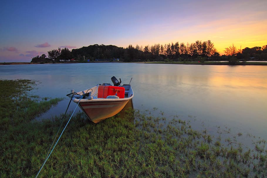dawn, landscape, nature, sunset, boat, calm waters, canoe, clouds HD wallpaper