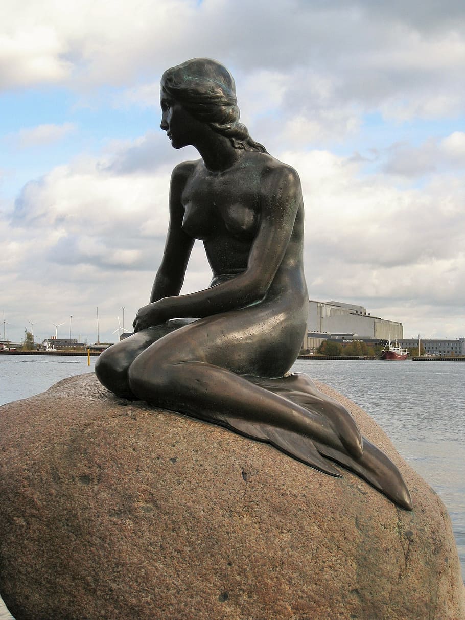gray mermaid statue on brown stone, copenhagen, little mermaid, HD wallpaper