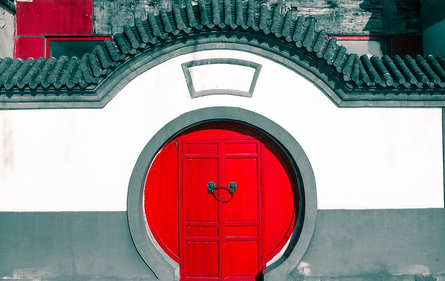 wall with red gate, red wooden door, building, architecture, round HD wallpaper