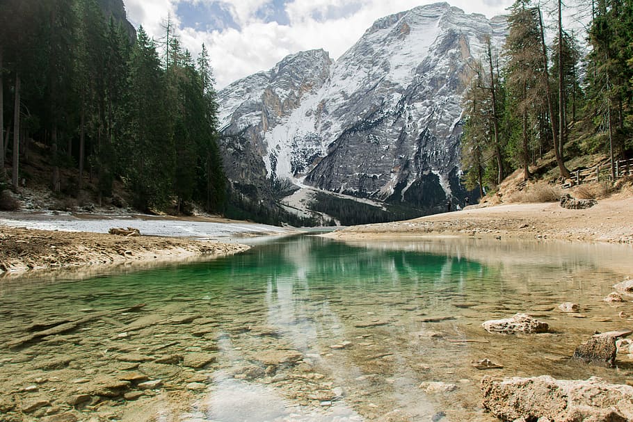 river between pine trees, body of water and mountain landscape photo HD wallpaper