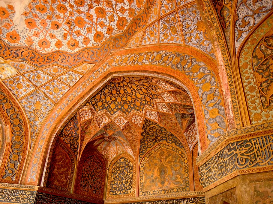 orange and gray floral building interior, structure, architecture HD wallpaper