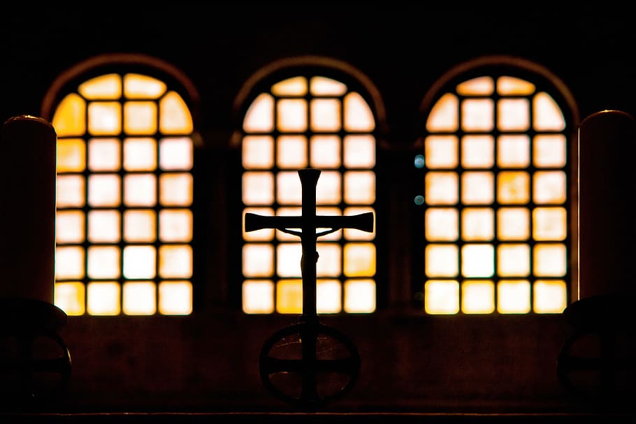 architecture, indoors, candle, catholicism, church, cross, dark