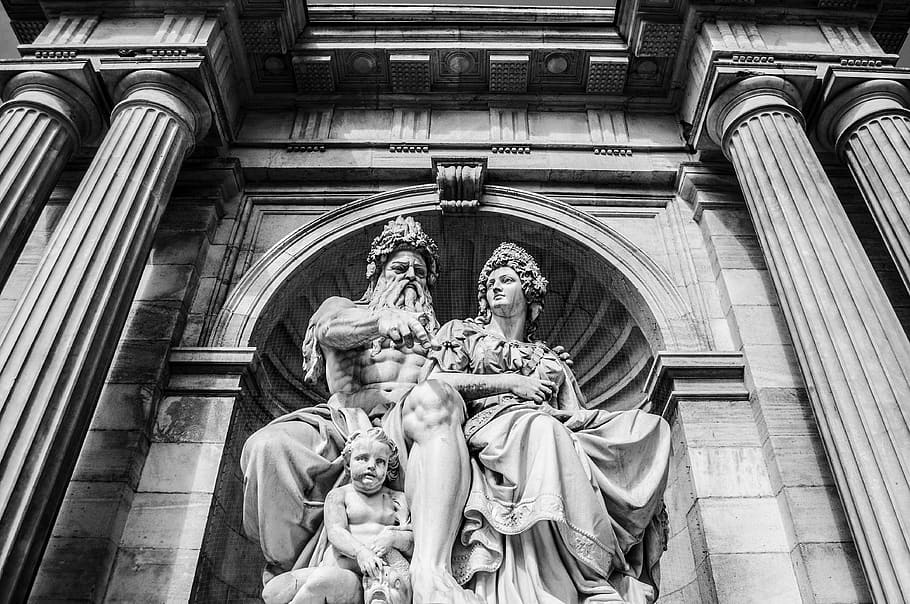 gray concrete statues, vienna, building, austria, column, statue of a man HD wallpaper