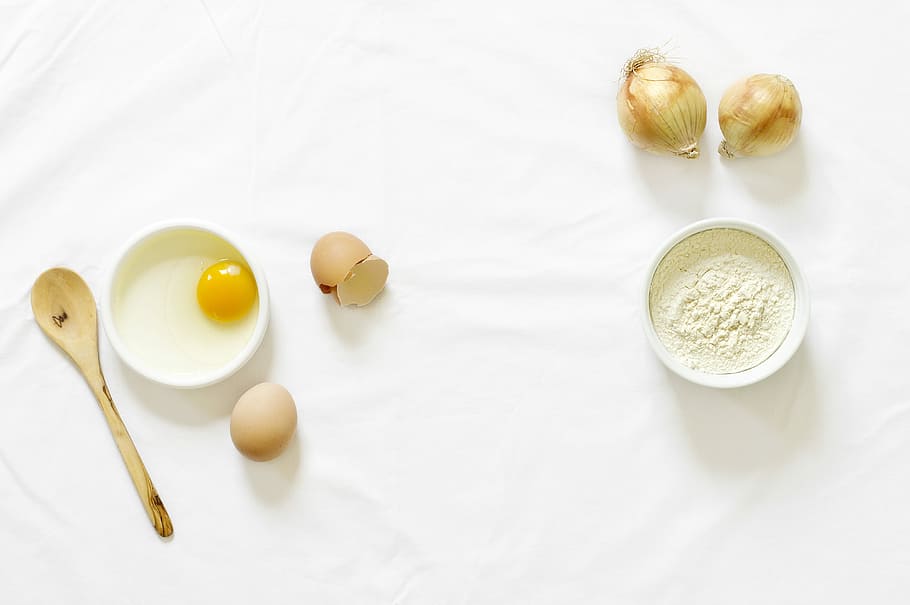 Ready for baking, egg, eggs, flour, light, onion, white, food, HD wallpaper