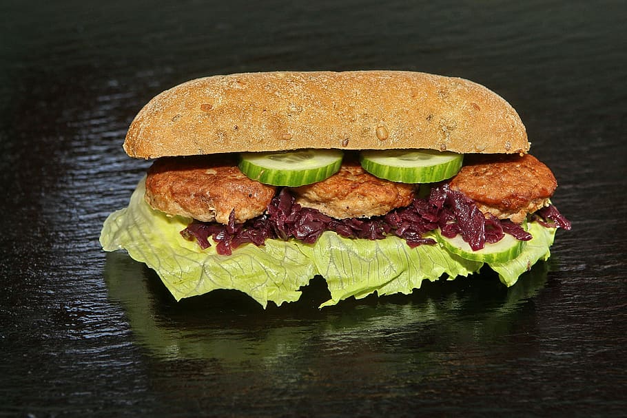 sandwich on table, food, dining, bread, meatball, salad, red cabbage HD wallpaper