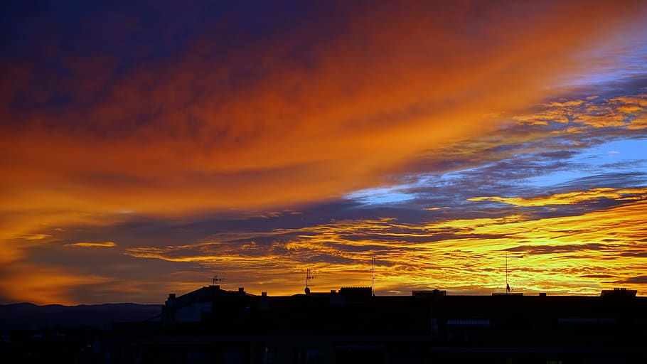 sky, red, twilight, clouds, sun, landscape, horizon, yellow HD wallpaper