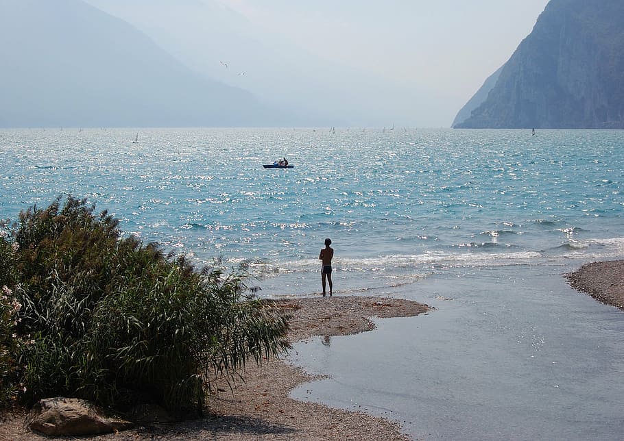 garda, lake, mountains, view, italy, sea, beach, nature, people HD wallpaper