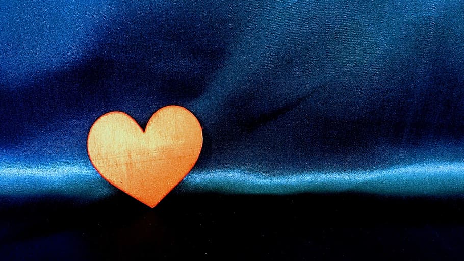 blue textile, orange, heart, love, symbol, romance, red, day, HD wallpaper